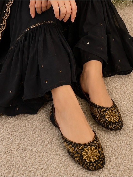 ethnic Shoes - Gold Embroidered Black Ballet Flats traditional khussa